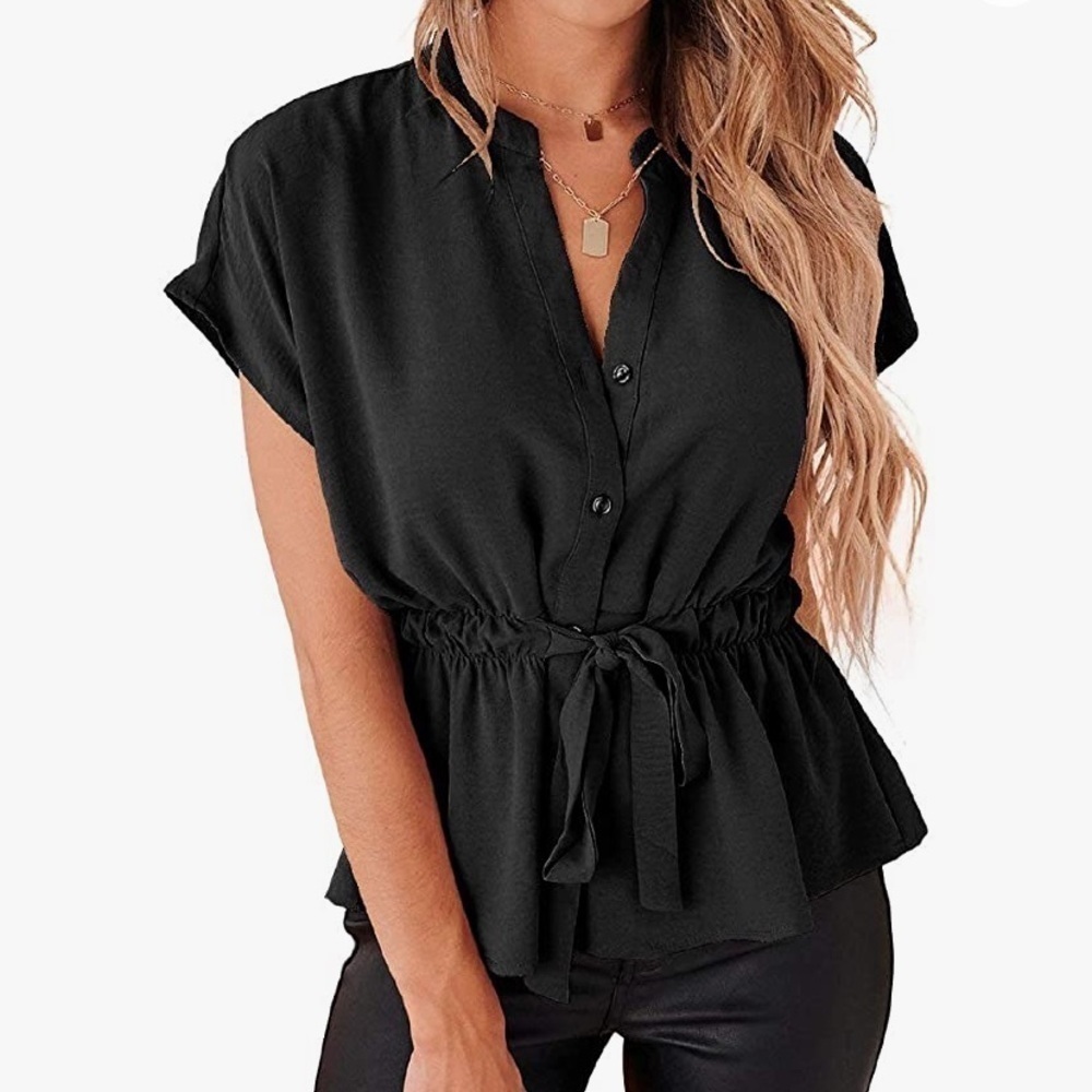 Black Button Front Belted Blouse NWOT